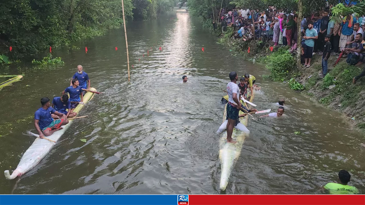 কলাগাছের ভেলাবাইচ দেখতে উপচে পড়া ভিড়