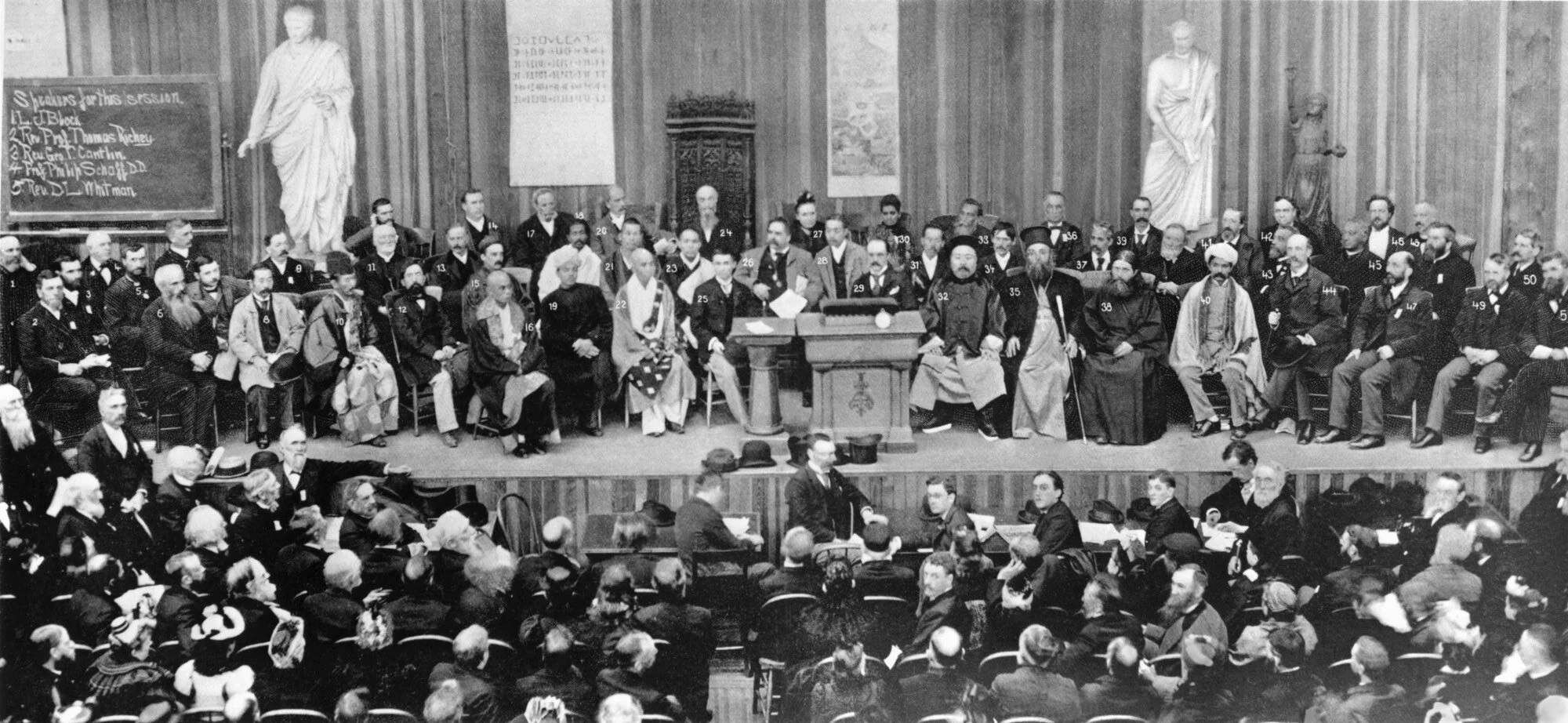 Religious leaders and representatives at the World’s Parliament of Religions conference 1893 in Chicago. -Collected Photo