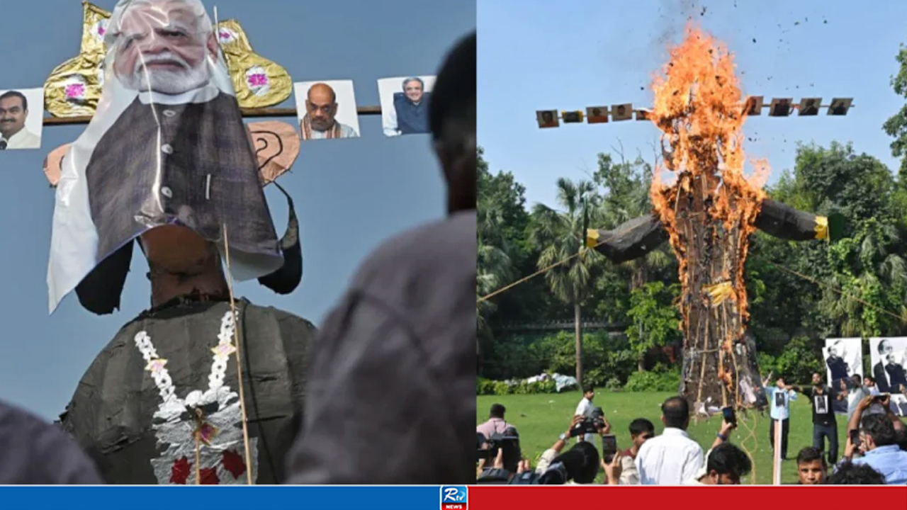 রাবণের মুখে মোদি-ট্রাম্প-দোভাল-আম্বানির ছবি লাগিয়ে কুশপুত্তলিকা দাহ